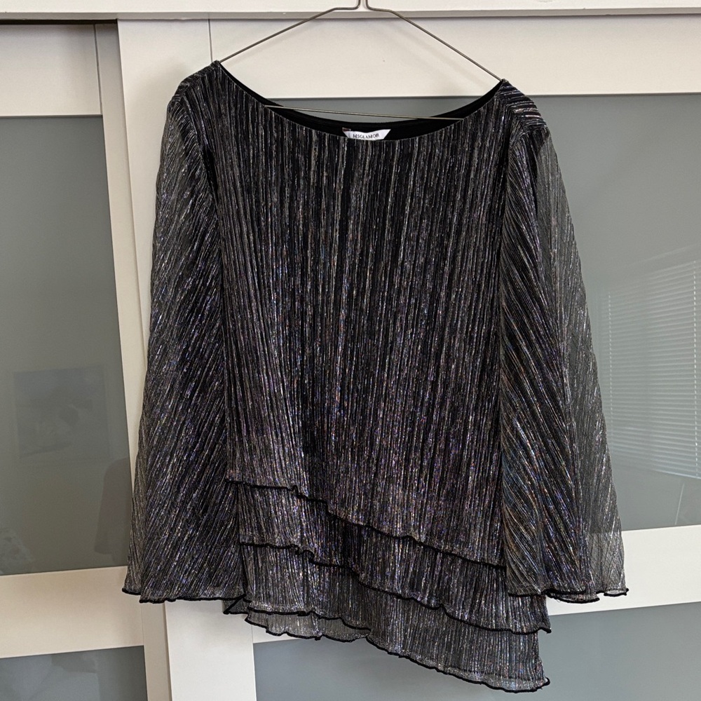 Metallic Pleated Chiffon Asymmetrical Layered Blouse